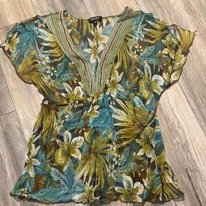 Karen Kane 100%Silk Floral Blouse in Green and Brown made in USA